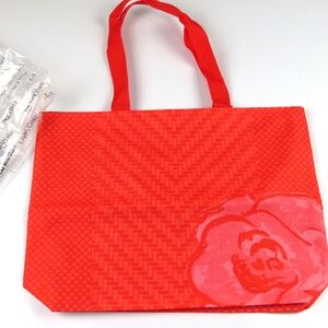 NWT- LANCOME Coral Rose tote bag with blue interior and handles 17.5" X 13"